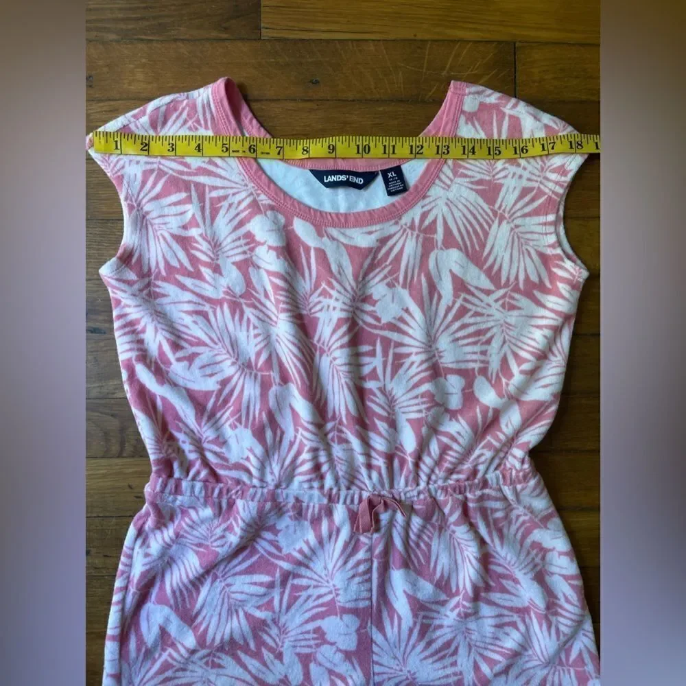 LANDS END Girls XL 14-16 pink and white terry cloth romper